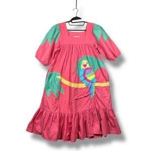 Vintage 70s Ramona Rull Parrot Applique Dress Cotton Pink Green Midi Tiered S/M